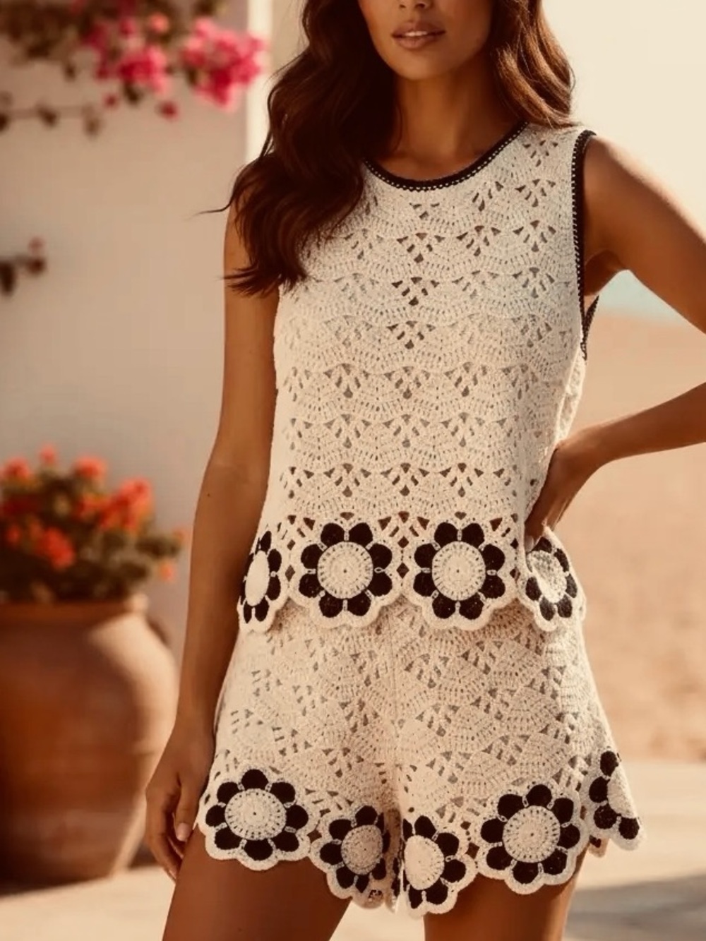 One size Cotton Beige Crochet Top & Shorts Set with Floral Scallop Hem NWT